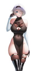 Rule 34 | 1girl, 2b (nier:automata), absurdres, bare shoulders, black dress, black hairband, black thighhighs, blue eyes, breasts, cleavage, cleavage cutout, closed mouth, clothing cutout, collarbone, covered navel, curvy, dress, elbow gloves, eyes visible through hair, gloves, hair over one eye, hairband, highres, large breasts, luunamito, mole, mole under mouth, nier:automata, nier (series), pelvic curtain, short hair, simple background, skindentation, solo, thick thighs, thighhighs, thighs, white background, white hair, wide hips
