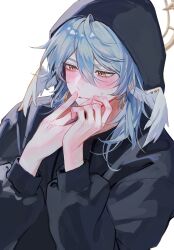 1boy black_hoodie blue_hair blush earrings hair_between_eyes halo halo_behind_head hashtag-only_commentary head_wings highres honkai:_star_rail honkai_(series) hood hoodie jewelry long_sleeves male_focus maru_(gobigreens) medium_hair simple_background solo sunday_(honkai:_star_rail) teeth white_background wing_earrings wings yellow_eyes