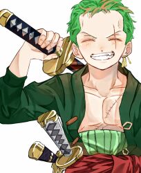 1boy ^_^ clenched_teeth closed_eyes commentary earrings green_hair green_kimono haramaki highres holding holding_sword holding_weapon japanese_clothes jewelry kimono male_focus one_piece red_sash roronoa_zoro sash scar scar_across_eye scar_on_face short_hair simple_background smile solo stitched_torso stitches sword teeth u_mi031 upper_body weapon white_background