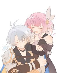 1boy 1girl ahoge black_choker black_jacket chinese_commentary choker closed_eyes coat commentary_request crossed_arms cyrene_(honkai:_star_rail) hair_ornament highres honkai:_star_rail honkai_(series) huge_ahoge jacket phainon_(honkai:_star_rail) pink_hair pointy_ears puff_of_air purple_coat short_hair simple_background smile studyingisfun white_background white_hair
