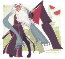 Rule 34 | 1girl, aqua hijab, aqua scarf, artist name, barcode, black boots, boots, commentary, dark-skinned female, dark skin, english commentary, flag, food, fruit, full body, hand up, hatsune miku, highres, hijab, hijab as hair, knee boots, long sleeves, looking to the side, muslim, palestine, palestinian clothes, palestinian flag, parted lips, pelvic curtain, ryouichii, scarf, simple background, smile, solo, standing, twintails, vocaloid, watermelon, watermelon slice, wide sleeves, worldwide miku