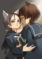 Rule 34 | 2girls, animal ears, blue shirt, brave witches, brown hair, cat ears, cat girl, cat tail, grabbing another&#039;s breast, grabbing another&#039;s chin, groping, hand on another&#039;s chin, highres, long hair, looking at another, misumi miya, multiple girls, murayama kei, open mouth, raccoon ears, raccoon girl, raccoon tail, sailor collar, sakomizu haruka, school uniform, shirt, short hair, simple background, strike witches: suomus misfits squadron, tail, white sailor collar, world witches series, yuri