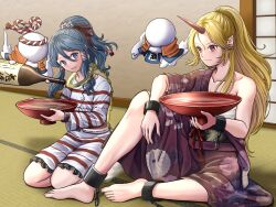 2girls alcohol barefoot black_sash blonde_hair blue_eyes blue_hair blush bottle chain closed_mouth commentary_request cuffs cup foul_detective_satori full_body ghost ghost_tail grin hair_between_eyes hair_ornament hair_tubes high_ponytail highres holding holding_cup horns hoshiguma_yuugi indoors japanese_clothes kimono kyabekko long_bangs long_hair looking_at_another looking_to_the_side miyadeguchi_mizuchi multiple_girls obi pointy_ears ponytail prison_clothes purple_kimono red_eyes red_horns sakazuki sake sake_bottle sarashi sash seiza shackles shirt sidelocks single_horn single_off_shoulder sitting skirt skull_hair_ornament smile star_(symbol) striped_clothes striped_shirt striped_skirt tatami touhou