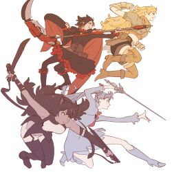 4girls 55bata6rou animal_ears black_boots black_dress black_hair black_thighhighs blake_belladonna blonde_hair boots breasts cape cat_ears crescent_rose dress dual_wielding dynamic_pose ember_celica_(rwby) fighting_stance floating_hair from_side full_body gambol_shroud gauntlets grey_boots grey_dress grey_hair high_heels highres holding holding_scythe holding_sword holding_weapon jumping long_hair long_sleeves looking_ahead medium_breasts multiple_girls myrtenaster profile red_cape red_hair ruby_rose rwby scythe short_hair simple_background smile sword thighhighs weapon weiss_schnee white_background yang_xiao_long