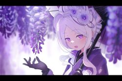 1girl absurdres black_gloves blue_archive blush demon_girl demon_horns double-parted_bangs flower forehead gloves hair_bun hair_flower hair_ornament highres hina_(blue_archive) holding holding_umbrella horns japanese_clothes kimono long_hair looking_at_viewer not_seven777 open_mouth purple_eyes purple_flower purple_kimono purple_umbrella sidelocks solo umbrella upper_body white_hair