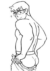 1boy ass clark_kent commentary d-e-r-i dc_comics dressing english_commentary from_behind glasses highres male_focus male_underwear monochrome muscular muscular_male my_adventures_with_superman pants superman_(series) topless_male underwear