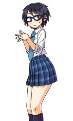 1girl black_eyes black_hair blue-framed_eyewear fingers_together glasses maruput necktie original plaid_clothes plaid_skirt pleated_skirt school_uniform short_hair skirt solo sweatdrop white_background