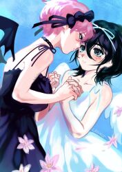Rule 34 | 2girls, alien stage, arm tattoo, black choker, black dress, black hair, black headdress, blue background, blue eyes, bow, choker, clematis (flower), commentary, crismlt, dilated pupils, dress, eye contact, flower, green eyes, hair bow, highres, holding hands, interlocked fingers, looking at another, medium hair, mizi (alien stage), multiple girls, pink hair, purple flower, short hair, signature, sleeveless, sleeveless dress, smile, sua (alien stage), symbol-only commentary, tattoo, very short hair, white bow, white dress