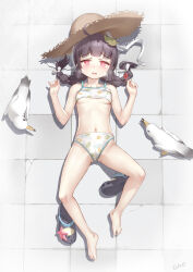 1girl bare_shoulders barefoot bikini bird black_hair blue_archive blush braid breasts crocs female_focus from_above full_body gao_(gaolukchup) halo hat highres leaf_print loli long_hair looking_at_viewer lying miyu_(blue_archive) miyu_(swimsuit)_(blue_archive) navel official_alternate_costume on_back on_floor outdoors petite print_bikini red_eyes seagull small_breasts solo starfish straw_hat swimsuit twin_braids underboob white_bikini