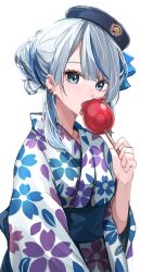 Rule 34 | 1girl, absurdres, alternate costume, amagai ruka, beret, blue eyes, blue hair, blue hat, blue ribbon, blue sash, candy apple, earclip, floral print, floral print kimono, food, hair bun, hair ribbon, hat, highres, holding candy apple, japanese clothes, kimono, looking at viewer, medium hair, multicolored hair, obi, open mouth, parted bangs, print kimono, ribbon, sakuradakey, sash, simple background, solo, streaked hair, upper body, virtual youtuber, weather planet, white background, yukata