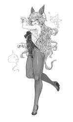 1girl animal_ears blush breasts erune ferry_(granblue_fantasy) full_body granblue_fantasy greyscale highres leotard long_hair looking_at_viewer monochrome one_eye_closed open_mouth pantyhose playboy_bunny ribs small_breasts solo standing standing_on_one_leg transparent_background wavy_hair yggsil
