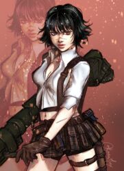 Rule 34 | 1girl, black hair, brown gloves, devil may cry, devil may cry (series), devil may cry 3, gloves, green eyes, heterochromia, highres, jewelry, kanaminx, lady (devil may cry), looking at viewer, midriff, navel, necklace, red eyes, scar, scar on face, scar on nose, shirt, signature, white shirt