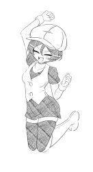 1girl arm_up blush boots breasts choker clenched_hands closed_eyes collarbone commentary_request double-parted_bangs eyelashes full_body georgia_(pokemon) gloves greyscale grin hair_between_eyes hat hatching_(texture) jumping knee_boots long_eyelashes miniskirt monochrome mori_hayaki newsboy_cap nintendo open_mouth pokemon pokemon_(anime) pokemon_bw_(anime) shirt short_hair short_sleeves sidelocks simple_background skindentation skirt small_breasts smile solo teeth thick_eyelashes thighhighs upper_teeth_only v-shaped_eyebrows vest white_background zettai_ryouiki