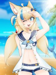 Rule 34 | 1girl, animal ears, bikini, bikini under clothes, blonde hair, blue eyes, breasts, cat ears, dress, fins, fish girl, fish tail, highres, indie virtual youtuber, multicolored hair, sameko saba, sleeveless, sleeveless dress, small breasts, solo, streaked hair, swimsuit, tail, vaporublord, virtual youtuber, white dress