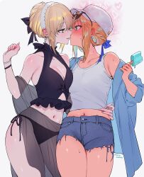 2girls absurdres arm_around_waist artoria_pendragon_(fate) bare_shoulders bikini black_bikini blonde_hair blush breasts cleavage collarbone commentary_request cowboy_shot eyewear_on_head fate/grand_order fate_(series) food green_eyes hand_up hat heart highres holding holding_food holding_popsicle imminent_kiss long_sleeves looking_at_another medium_breasts multiple_girls navel paid_reward_available parted_lips popsicle qiandaiyiyu saber_(fate) saber_alter see-through_clothes shirt short_shorts shorts side-tie_bikini_bottom simple_background sleeveless sleeveless_shirt smile sunglasses swimsuit thighs white_background white_hat white_shirt yellow_eyes yuri