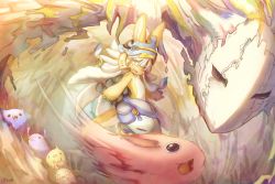1boy 1girl 5others :3 afterimage animal_ears artist_name belafu belafu_(narehate) blue_pants brown_fur claws commentary_request eyes_visible_through_hair fangs fewer_digits furry helmet highres hollow_eyes horizontal_pupils looking_at_viewer looking_to_the_side made_in_abyss medium_hair mitty_(made_in_abyss) monster monster_boy motion_blur multiple_others nanachi_(made_in_abyss) nina_(maurururoa) o_o one-eyed open_mouth pants pink_fur pouch puffy_pants purple_eyes red_eyes signature smile solid_oval_eyes tail teeth topless_other upper_teeth_only whiskers white_hair yellow_eyes