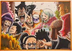 1girl 6+boys ^_^ aqua_hair ashura_doji black_hair blunt_bangs blush blush_stickers bouquet brothers chonmage closed_eyes commentary_request crying daichan_op denjirou_(one_piece) falling_petals flower hair_bun happy_tears highres holding holding_bouquet husband_and_wife inuarashi_(one_piece) izou_(one_piece) japanese_clothes kanjuro_(one_piece) kawamatsu kikunojo_(one_piece) kimono kinemon kouzuki_oden kouzuki_toki long_hair multiple_boys nekomamushi one_piece orange_kimono petals pink_kimono ponytail purple_hair round_eyewear siblings sideburns sidelocks tears topknot v