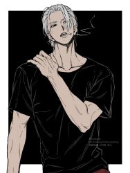 Rule 34 | 1boy, artist name, black background, black eyes, black shirt, bored, cigarette, collarbone, commentary, empty eyes, forehead, hair bun, hair slicked back, hand on own shoulder, hatching (texture), head tilt, highres, kuroiisana, male focus, medium hair, narrowed eyes, sakamoto days, sakamoto taro, shirt, short sleeves, sideways glance, simple background, single hair bun, smoking, solo, teeth, toned, toned male, upper body, veins, veiny hands, watermark, white hair