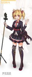 1girl :d absurdres ahoge animal_ear_fluff animal_ears arknights belt black_boots black_bow black_jacket black_skirt black_thighhighs blazer blonde_hair boots bow bowtie character_name chinese_commentary commentary_request dress_bow frilled_skirt frills full_body hair_between_eyes heart highres holding jacket knee_boots lace-up_boots lapels layered_skirt long_sleeves lower_teeth_only microphone microphone_stand necktie open_mouth origami42169025 partial_commentary pink_belt pink_bow pink_bowtie pink_eyes pink_necktie pixiv_id short_hair skirt smile solo sora_(arknights) standing teeth thighhighs twintails waving white_background zoom_layer