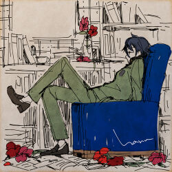 1boy black_hair crossed_legs earrings expressionless flower from_side grey_jacket grey_pants haruhashi jacket jewelry jitome knee_up leg_up limited_palette male_focus on_chair pants persona persona_1 profile red_flower school_uniform short_hair sitting solo spot_color st._hermelin_school_uniform toudou_naoya vase