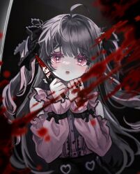 1girl ahoge black_bow black_hair black_ribbon black_skirt blood blood_spray bloody_weapon bow commentary_request detached_sleeves eyelashes film_grain hair_ribbon heart heart-shaped_pupils heart_o-ring highres holding holding_knife jewelry jirai_kei knife lace-trimmed_sleeves lace_trim long_sleeves looking_at_viewer mew_(mewrurirun) o-ring original pink_eyes pink_shirt pink_sleeves ribbon ring shirt skirt solo symbol-shaped_pupils two_side_up upper_body weapon