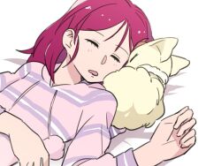 Rule 34 | 1girl, 1other, bed, bed sheet, buntatta, closed eyes, coco (yes! precure 5), forehead-to-forehead, fox, hair behind ear, heads together, highres, light blush, on bed, open mouth, pink hair, precure, sleeping, sweater, yes! precure 5, yumehara nozomi