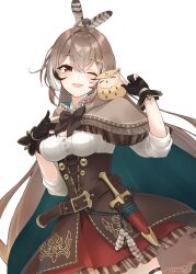 Rule 34 | 1girl, ;d, ahoge, asukaru (magika ru), bird, bow, breasts, brown bow, brown cloak, brown eyes, brown gloves, brown hair, brown skirt, choppy bangs, cleavage, cloak, commentary request, dagger, feather hair ornament, feathers, gloves, hair ornament, hairclip, highres, hololive, hololive english, hootsie (nanashi mumei), knife, long hair, medium breasts, multicolored hair, nanashi mumei, nanashi mumei (1st costume), one eye closed, open mouth, owl, partially fingerless gloves, red skirt, shirt, sidelocks, simple background, skirt, smile, streaked hair, thigh strap, virtual youtuber, weapon, white background, white hair, white shirt