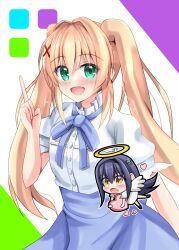 2girls :d :o angel angel_wings black_hair black_hairband blonde_hair blue_bow blue_bowtie blue_skirt blush bow bowtie chibi chibi_inset colored_eyelashes commentary_request cowboy_shot dress eyes_visible_through_hair green_eyes hair_between_eyes hair_intakes hair_ornament hairband hand_up happy heart high-waist_skirt highres holding holding_heart index_finger_raised kushima_kamome long_hair looking_ahead looking_at_viewer minatoto multiple_girls official_alternate_costume open_mouth outline puffy_short_sleeves puffy_sleeves shirt short_sleeves sidelocks simple_background skirt skull_and_crossbones smile solo_focus summer_pockets tsumugi_wenders twintails very_long_hair white_background white_dress white_outline white_shirt wings x_hair_ornament yellow_eyes