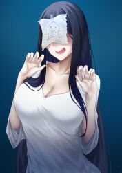 1girl absurdres black_hair blue_background breasts claw_pose cleavage covered_face dress drunktatsu ghost_girl highres large_breasts long_hair long_sleeves open_mouth original paper solo very_long_hair wavy_mouth white_dress wide_sleeves