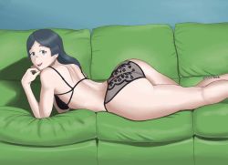 Rule 34 | 10s, 1girl, artist name, ass, barbara parker, couch, female focus, green eyes, green hair, little witch academia, long hair, looking at viewer, lying, matching hair/eyes, on stomach, panties, parted lips, smile, solo, thotticus-slayer, underwear