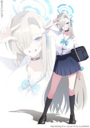 1girl absurdres asuna_(blue_archive) asuna_(school_uniform)_(blue_archive) bag black_bag black_choker black_shoes black_socks blonde_hair blue_archive blue_bow blue_eyes blue_ribbon blue_scrunchie blue_skirt bow choker grin hair_over_one_eye hair_ribbon highres holding holding_bag long_hair looking_at_viewer murasame_(sword_of_nmkr) ribbon scrunchie shirt shoes sidelocks skirt smile socks w white_shirt wrist_scrunchie