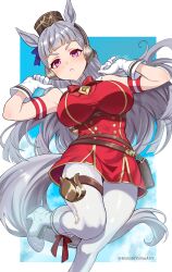 1girl absurdres animal_ears armband artist_name blue_background blunt_bangs boots border breasts brown_hat commentary earmuffs foot_out_of_frame gloves gold_ship_(umamusume) grey_boots grey_hair hands_up harutoyumaarts hat high_heel_boots high_heels highres horse_ears horse_girl horse_tail large_breasts long_hair looking_at_viewer outside_border parted_lips pink_eyes red_armband red_shirt shirt sleeveless sleeveless_shirt solo standing standing_on_one_leg tail thigh_strap thighhighs twitter_username umamusume white_border white_gloves white_thighhighs