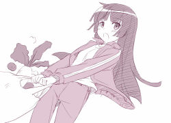 1girl artist_request bag daikon dutch_angle female_focus food gokou_ruri long_hair monochrome non-web_source open_mouth ore_no_imouto_ga_konna_ni_kawaii_wake_ga_nai radish shopping_bag simple_background sketch solo track_suit vegetable white_background