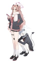 2girls black_horns black_shoes black_skirt blue_archive breasts cardigan commentary_request demon_horns demon_tail double_bun erika_(blue_archive) grey_halo hair_between_eyes hair_bun hakuhatsu halo highres holding holding_phone horns kirara_(blue_archive) kneehighs long_sleeves miniskirt multiple_girls nail_polish necktie phone pink_cardigan pink_halo pink_nails pink_scarf plaid_clothes plaid_scarf pleated_skirt red_necktie scarf shoes short_hair simple_background skirt smile socks squatting standing tail thigh_strap thighs white_background white_hair white_socks