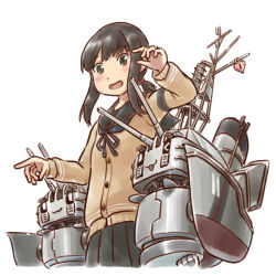 Rule 34 | 1girl, black eyes, black hair, black sailor collar, black skirt, cardigan, chou-10cm-hou-chan (akizuki&#039;s), commentary request, cowboy shot, fubuki (kancolle), heart lock (kantai collection), kantai collection, karasu (naoshow357), low ponytail, machinery, mast, pleated skirt, pointing, ponytail, remodel (kantai collection), sailor collar, school uniform, serafuku, short ponytail, sidelocks, simple background, skirt, smokestack, white background