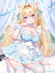 1girl animal_ear_fluff animal_ears apron bell blonde_hair blue_dress blush bow breasts cat_ears cat_girl cat_tail choker cleavage dress frills hair_bow hair_ornament headdress highres large_breasts long_hair looking_at_viewer maid maid_headdress open_mouth original purple_eyes ribbon shiono_(0303) solo tail thighhighs white_apron white_thighhighs wings wrist_cuffs