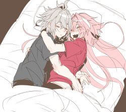 2boys alternate_hairstyle androgynous antenna_hair astolfo_(fate) bed bed_sheet black_ribbon black_shirt blush closed_eyes closed_mouth cuddling drooling fang fate/apocrypha fate_(series) grey_hair grey_shirt hair_between_eyes hair_down hair_intakes hair_ribbon haoro hug long_hair male_focus md5_mismatch mouth_drool multicolored_hair multiple_boys on_bed open_mouth pale_skin parted_lips pillow pink_hair red_shirt ribbon shirt shirt_slip short_hair sieg_(fate) sleeping streaked_hair t-shirt under_covers very_long_hair yaoi