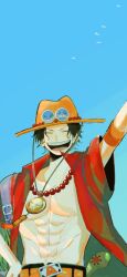 1boy ^_^ abs arm_up bird black_hair blue_sky closed_eyes elbow_pads freckles hand_on_own_hip hat jewelry male_focus mecuru_mecu necklace one_piece open_clothes open_mouth open_shirt orange_hat pearl_necklace portgas_d._ace red_shirt shirt short_hair short_sleeves single_elbow_pad sky solo upper_body