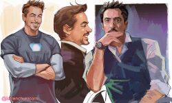 1boy arc_reactor artist_name black_hair black_jacket black_vest border brown_eyes brown_hair closed_eyes collared_shirt covering_own_mouth crossed_arms facial_hair french-unicorn grey_shirt highres jacket layered_sleeves long_sleeves marvel marvel_cinematic_universe multiple_views outside_border shirt short_hair short_over_long_sleeves short_sleeves sleeves_rolled_up smile suit_jacket teeth tony_stark upper_body vest watch white_border white_shirt wristwatch