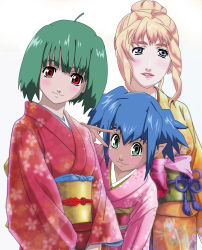3girls blonde_hair blue_eyes blue_hair breasts green_eyes green_hair highres klan_klein macross macross_frontier mido_(zelda) multicolored_hair multiple_girls pointy_ears ranka_lee red_eyes sheryl_nome two-tone_hair