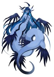 1girl :/ antennae black_sclera blue_hair blue_skin colored_sclera colored_skin fins full_body gills glaucus_atlanticus head_fins highres long_hair looking_at_viewer monster_girl original oversized_limbs ruteko_(ruko220) sea_slug signature solo tail taur very_long_hair white_background yellow_eyes
