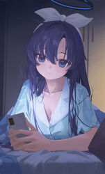 1girl absurdres animal_print bed_sheet black_halo blue_archive blue_pajamas blue_shirt bow bow_hairband breasts cat_print cleavage closed_mouth commentary hairband halo highres holding holding_phone indoors lan001 long_hair looking_at_phone lying mechanical_halo medium_breasts official_alternate_costume official_alternate_hairstyle on_bed on_stomach pajamas phone print_pajamas shirt solo white_bow white_hairband yuuka_(blue_archive) yuuka_(pajamas)_(blue_archive)