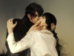 Rule 34 | 2boys, black coat, black eyes, black hair, blood, blood from forehead, blood on face, bloody tears, closed eyes, coat, grabbing another&#039;s head, hand on another&#039;s shoulder, hug, kim dokja, kiss, looking at another, macaronijail, male focus, multiple boys, omniscient reader&#039;s viewpoint, painterly, popped collar, sepia, short hair, upper body, white coat, yaoi, yoo joonghyuk