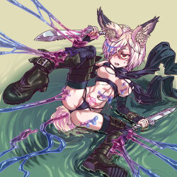 1girl animal_ears bikini black_bikini black_gloves black_scarf black_thighhighs blonde_hair boots breasts cameltoe combat_knife commentary_request covered_erect_nipples dual_wielding elbow_gloves fingerless_gloves fox_ears fox_girl fox_tail gloves hair_over_one_eye holding holding_knife knee_boots knife medium_breasts micro_bikini multicolored_hair narrow_waist navel_piercing nipple_chain nipple_piercing original piercing pink_hair pubic_tattoo red_eyes reverse_grip ripples scarf short_hair slime_(substance) solo spread_legs streaked_hair sweatdrop swimsuit tail tattoo textless_version thigh_strap thighhighs two-tone_hair vss83904922 weapon