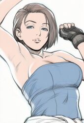 Rule 34 | 1girl, armpits, bare shoulders, black gloves, blue eyes, blue shirt, breasts, brown hair, cleavage, clothes around waist, fingerless gloves, gloves, highres, jaydamon, jill valentine, looking at viewer, medium breasts, parted lips, resident evil, resident evil 3: nemesis, shirt, shirt around waist, short hair, sideboob, solo, strapless, swept bangs, tube top, upper body, white background, white shirt