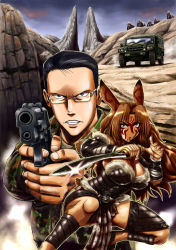 10s 1boy 1girl animal_ears armor black_hair blue_eyes breasts brown_eyes brown_hair car cleavage clenched_teeth dagger dark_elf delilah_(gate) elf facepaint fighting_stance fur fur_trim gate_-_jieitai_ka_no_chi_nite_kaku_tatakaeri glasses gun handgun highres huge_breasts humvee knife military military_fatigues military_uniform motor_vehicle pistol pointy_ears rabbit_ears rabbit_tail reverse_grip sao_satoru sig_p220/p226 sig_sauer spoilers squatting sword tail teeth weapon yanagida_(gate)