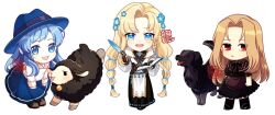 3girls blony_(mabinogi) blue_eyes chibi commentary_request dog fleta korean_commentary long_hair looking_at_viewer lorna mabinogi multiple_girls roul sheep simple_background smile