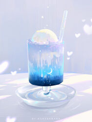 artist_name crescent_moon cup drink drinking_straw english_text food food_focus glass heart highres huhv. ice_cream moon no_humans original plate still_life table water