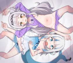 2girls arched_bangs blue_camisole blue_eyes blue_hair blue_shorts boppin camisole clothes_pull commentary_request fang fins fish_tail flat_chest frilled_shorts frills gawr_gura grey_hair highres hololive loli long_hair long_sleeves lying medium_hair multicolored_hair multiple_girls murasaki_shion navel nipples on_back open_mouth orange_eyes paid_reward_available purple_shirt purple_shorts pussy pussy_peek shark_girl shark_tail shirt short_shorts shorts shorts_pull skin_fang strap_slip streaked_hair tail two_side_up variant_set virtual_youtuber