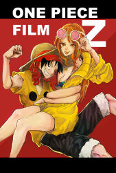 1boy 1girl aji_of_aji55 arm_around_waist bare_legs bikini black_hair black_shorts breasts cleavage coat devil_fruit_power elasticity feet_out_of_frame fur-trimmed_shorts fur_trim grin hat highres holding holding_removed_eyewear jewelry large_breasts legs long_hair looking_at_viewer monkey_d._luffy multicolored_bikini nami_(one_piece) necklace official_alternate_costume one_piece one_piece_film:_z orange_eyes orange_hair pink-tinted_eyewear shirt shorts shoulder_tattoo sitting sitting_on_lap sitting_on_person smile straw_hat stretched_limb sunglasses swimsuit tattoo tinted_eyewear tongue tongue_out unworn_eyewear wavy_hair white-framed_eyewear yellow_coat yellow_shirt